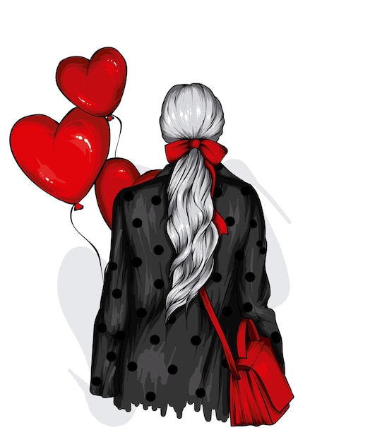 Beautiful girl in stylish clothes and balloonshearts Love and valentines day Fashion and style