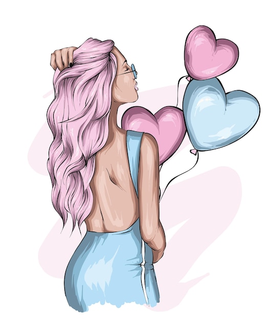 Vector beautiful girl in stylish clothes and balloonshearts love and valentines day fashion and style