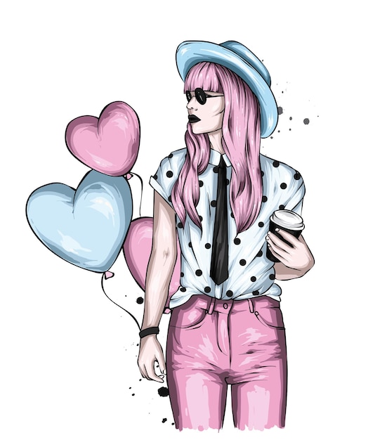 Beautiful girl in stylish clothes and balloonshearts Love and valentines day Fashion and style