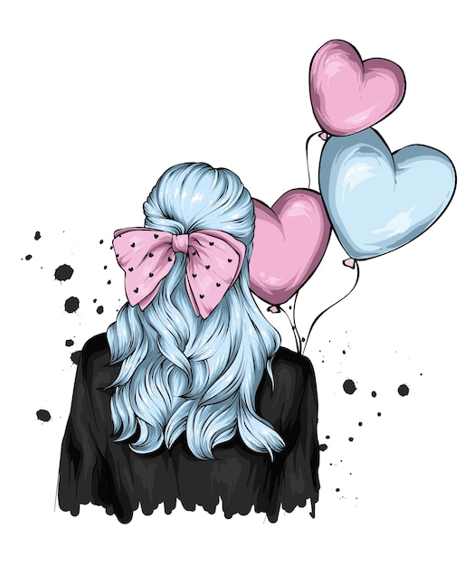 Vector beautiful girl in stylish clothes and balloonshearts love and valentines day fashion and style