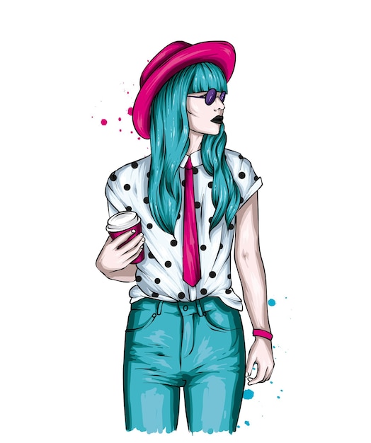 Vector beautiful girl in stylish clothes and hat