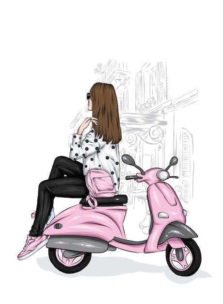 Beautiful girl in stylish clothes and a vintage moped