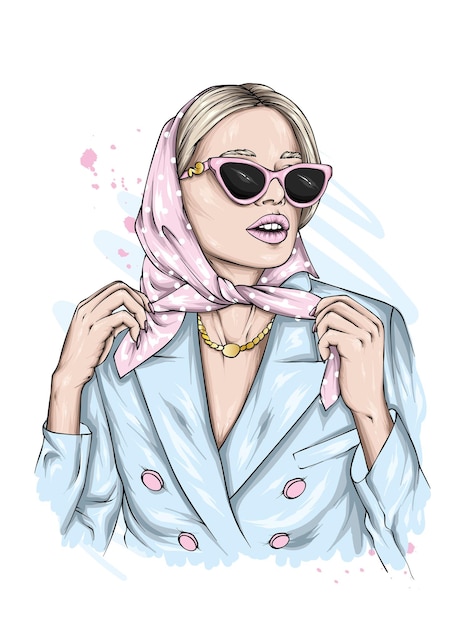 Vector a beautiful girl in a stylish headscarf and glasses fashion and style clothing and accessories