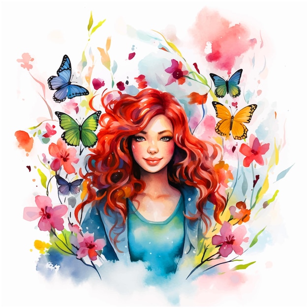 Beautiful girl surrounded by butterflies watercolor painting