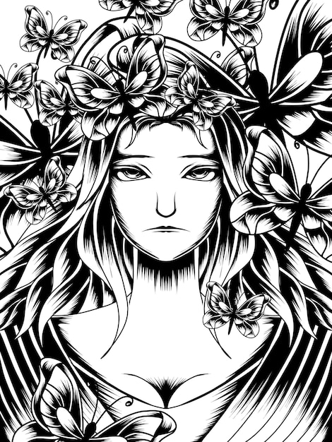 beautiful girl surrounded by many butterflies illustration line art