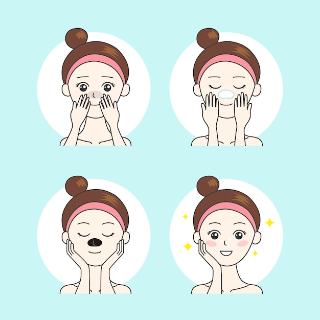 Beautiful girl using antiblackhead nose strip Premium Vector