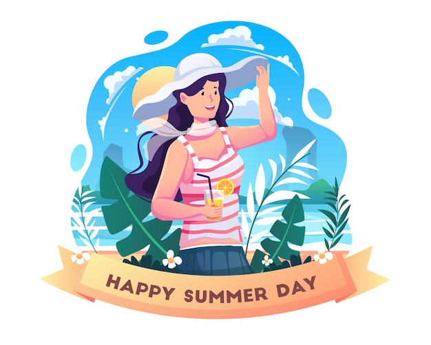 Beautiful girl wearing summer clothes with a white hat is enjoying summer on the beach illustration