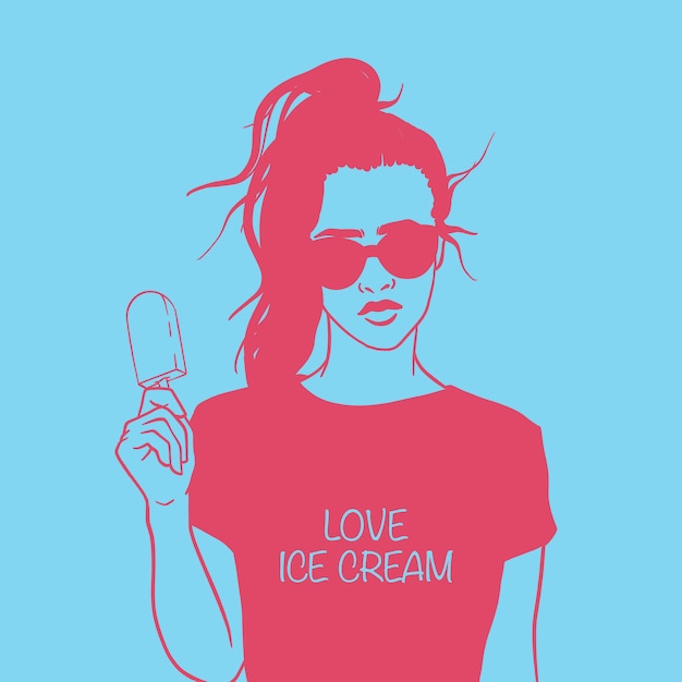 Beautiful girl with ice cream in glasses. vector illustration