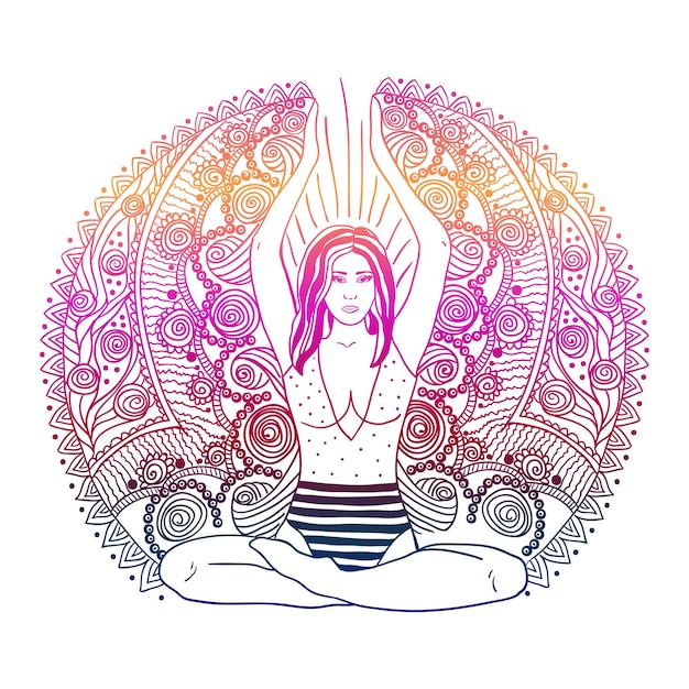 Vector beautiful girl with long curly hair sitting in lotus pose over gold ornate pattern on background vector illustration spa consent yoga studio