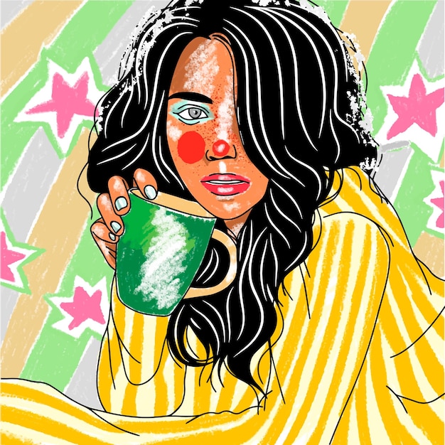 Beautiful girl with long hair and a cup in her hands pop art