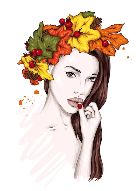 Beautiful girl in a wreath of autumn leaves