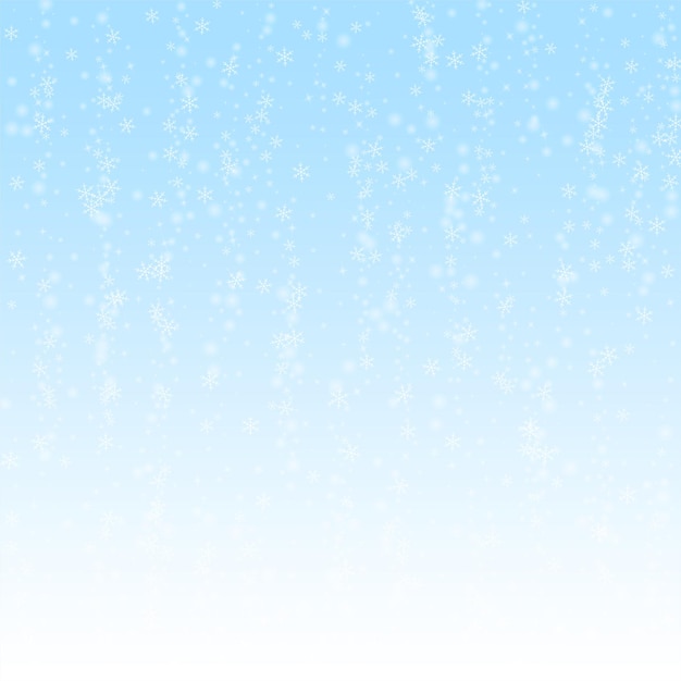 Beautiful glowing snow Christmas background. Subtle flying snow flakes and stars on winter sky background. Awesome winter silver snowflake overlay template. Fancy vector illustration.