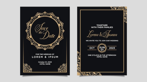 Beautiful golden luxury mandala flower wedding invitation template design