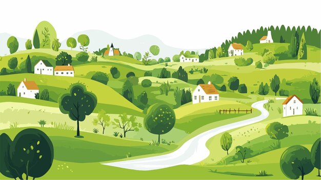 Vector beautiful green summer landscape scene with lush vegetation and blue sky