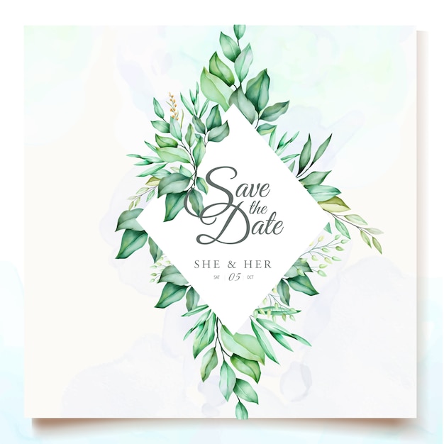 Vector beautiful green watercolor leaves wedding card template