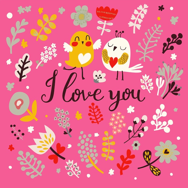 Beautiful greeting card with cute flowers and birds