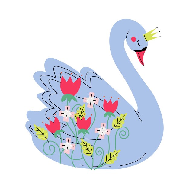 Vector beautiful grey swan princess with golden crown lovely fairytale bird decorated with flowers vector