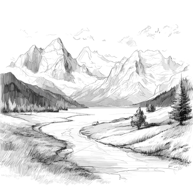 Vector beautiful hand draw landscape with mountain sketch vector design