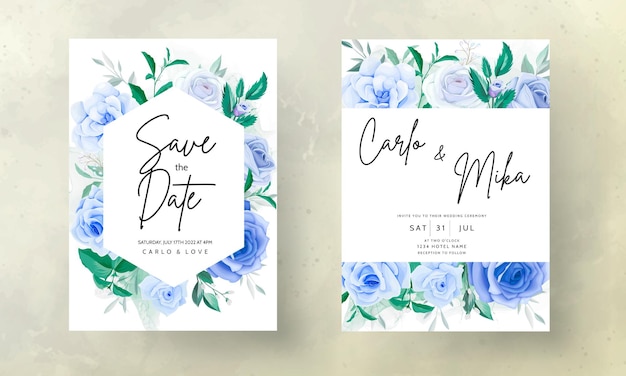 beautiful hand drawing blue flower wedding invitation card