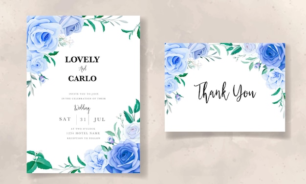 beautiful hand drawing blue flower wedding invitation card