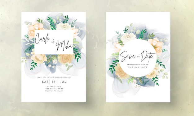 beautiful hand drawing soft floral wedding invitation set template 