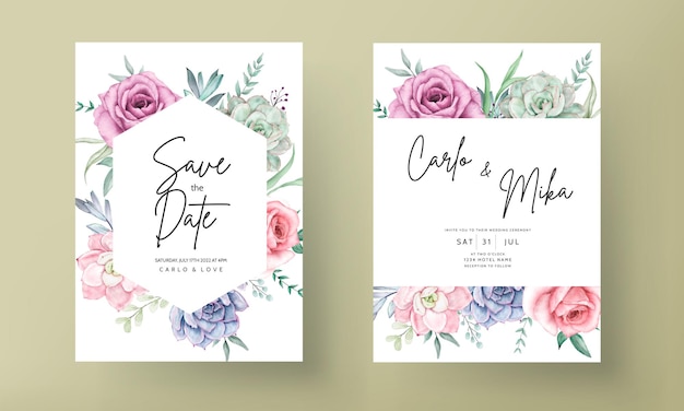 beautiful hand drawing watercolor succulent plant and rose flower wedding invitation template