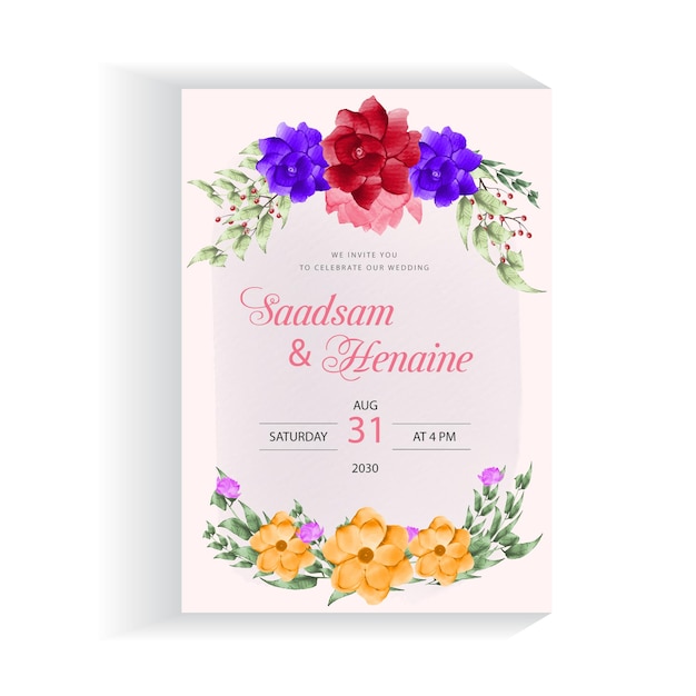 Beautiful hand drawing wedding invitation watercolor floral design premium Vector