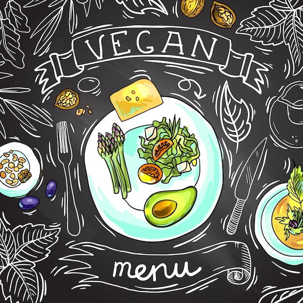 Beautiful hand drawn food illustration vegan menu on the chalkboard