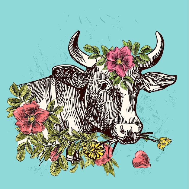 Beautiful hand drawn illustration head of cow Sketch style Use for poster tattoo print tshirt