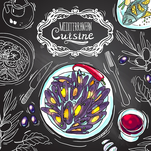 Vector beautiful hand drawn illustration mediterranean cuisine on the chalkboard