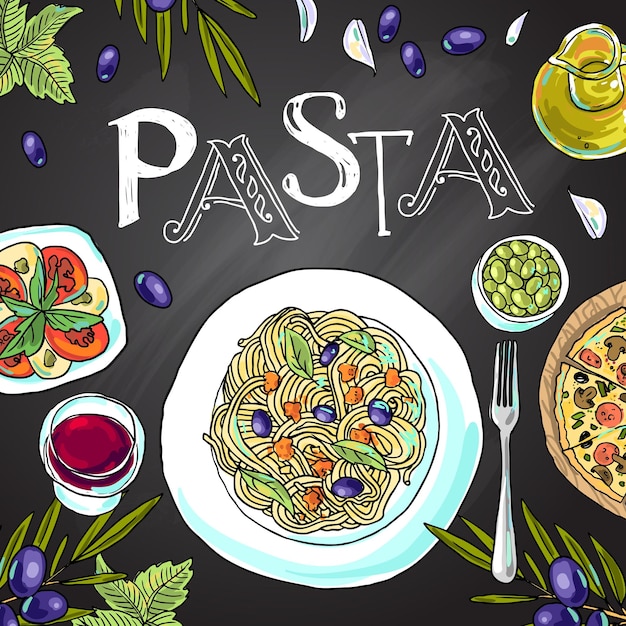 Beautiful hand drawn illustration pasta on the chalkboard top view