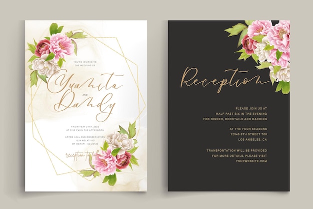 beautiful hand drawn peony floral and leaves invitation card set