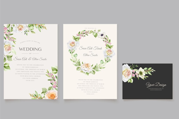 beautiful hand drawn roses wedding invitation card set