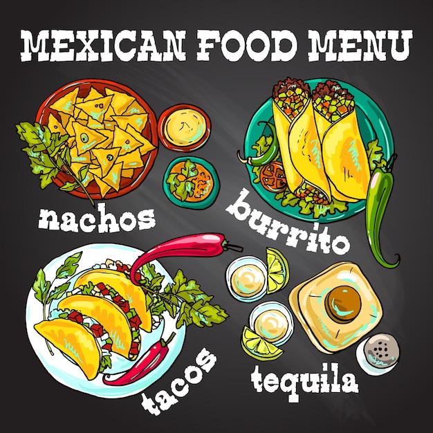 Beautiful hand drawn set of mexican food illustration on the chalkboard