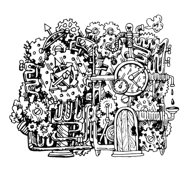 Beautiful hand drawn vector graphic illustration mechanical element Steampunk style drawing