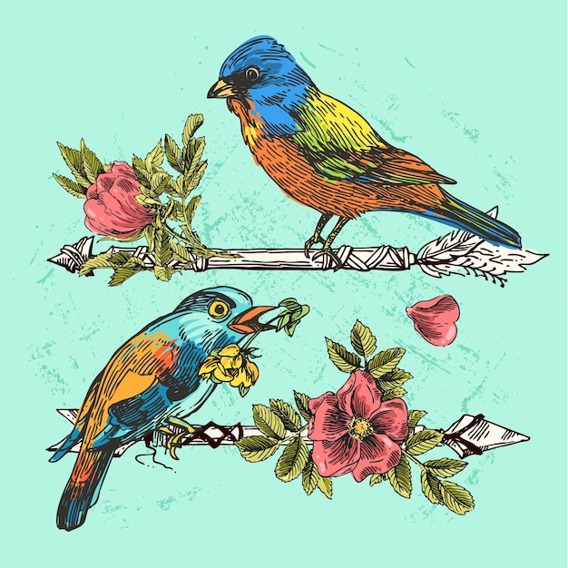 Beautiful hand drawn vector illustration bird and flowers Boho style drawing Use for tshirts print poster postcard wedding invitations