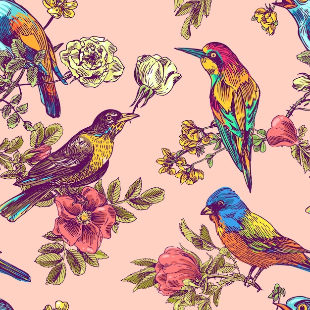 Beautiful hand drawn vector illustration bird and flowers Boho style seamless pattern Use for tshirts print poster postcard wedding invitations