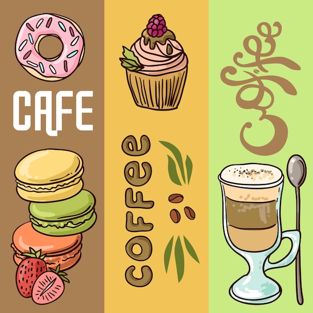 Beautiful hand drawn vector illustration coffee and sweets Doodle style