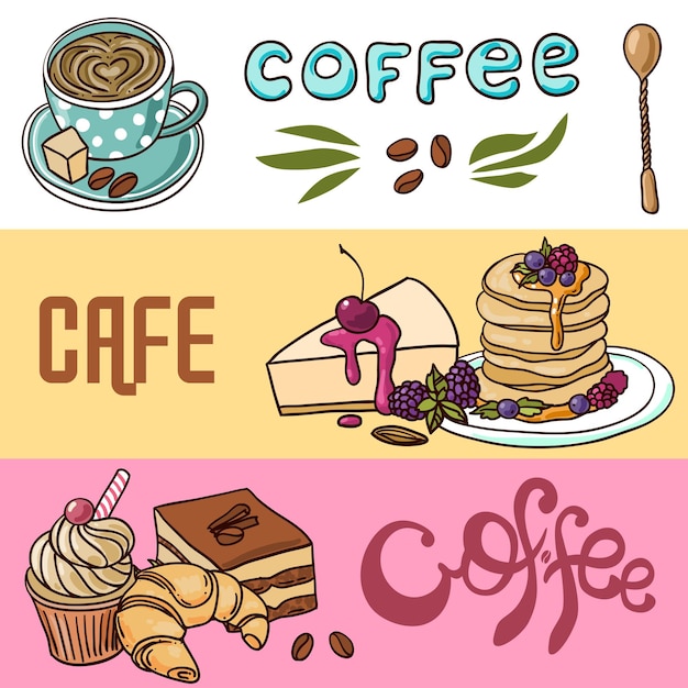 Beautiful hand drawn vector illustration coffee and sweets Doodle style