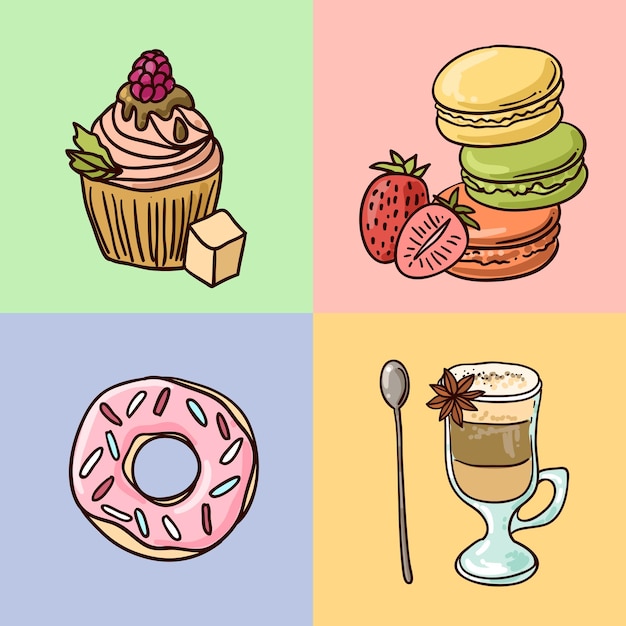 Beautiful hand drawn vector illustration coffee and sweets Doodle style