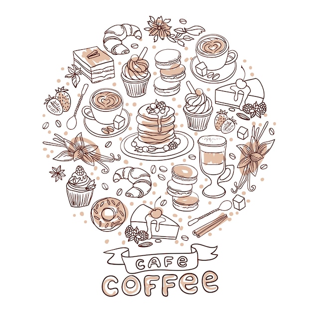 Beautiful hand drawn vector illustration coffee and sweets