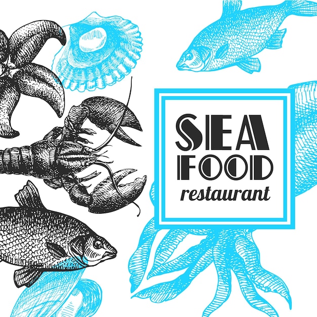 Beautiful hand drawn vector illustration sea food Sea food engraving style Seafood menu