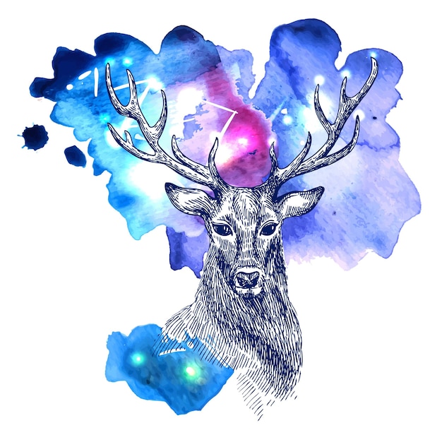 Beautiful hand drawn vector illustration sketching of deer on space watercolor background Tattoo style drawing Use for postcards print for tshirts posters case for smartphone