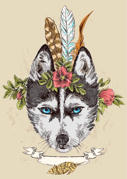 Beautiful hand drawn vector illustration sketching of husky Boho style drawing Use for postcards print for tshirts posters