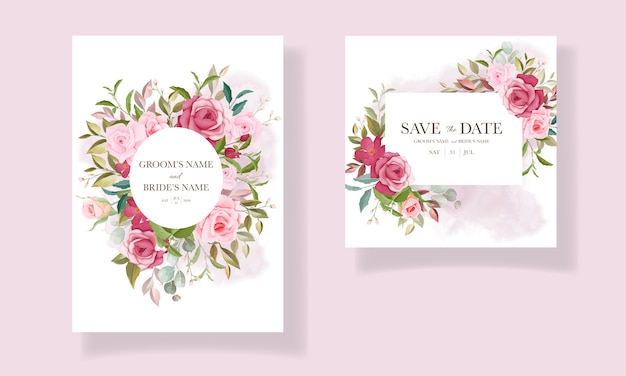 Beautiful hand drawn wedding card template with burgundy and pink floral frame and border decoration