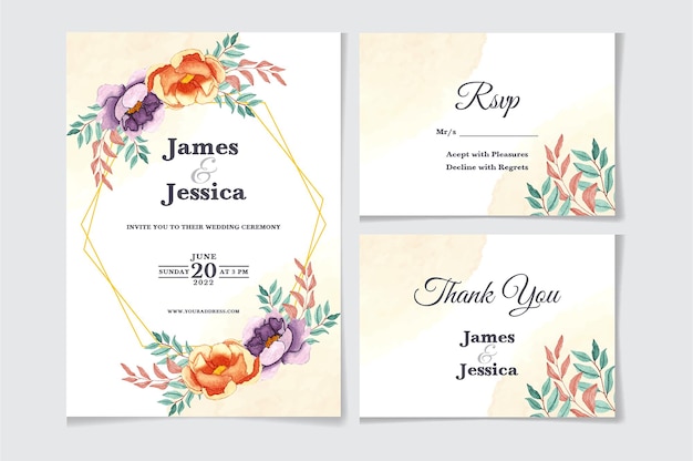 Beautiful hand made watercolor wedding invitation set with peonies and watercolor wash