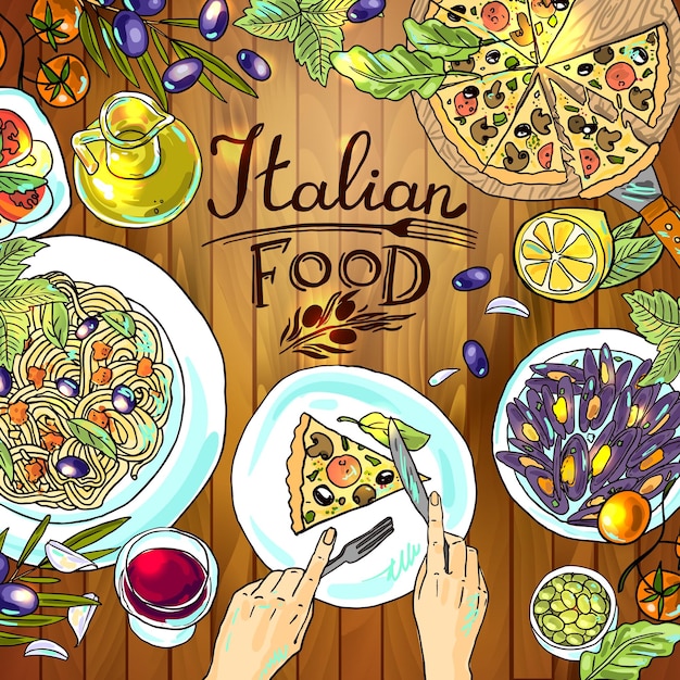 Beautiful handdraw illustration italian food on the wood texture