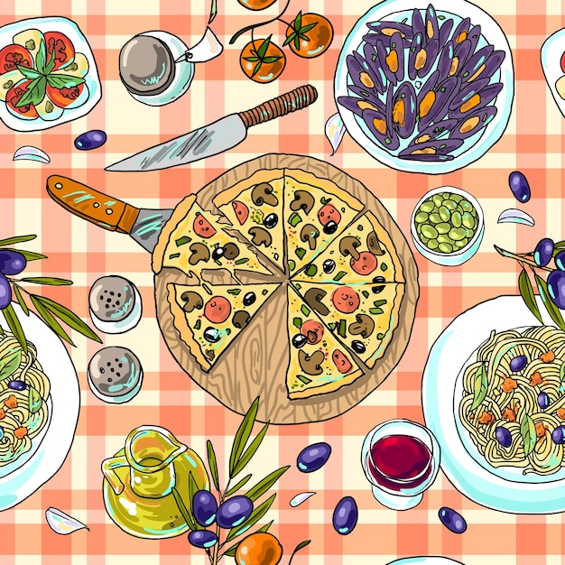 Beautiful handdraw simpless pattern italian food