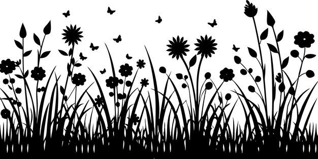 Vector beautiful handdrawn summer meadow silhouette with flowers bouquet and herbs