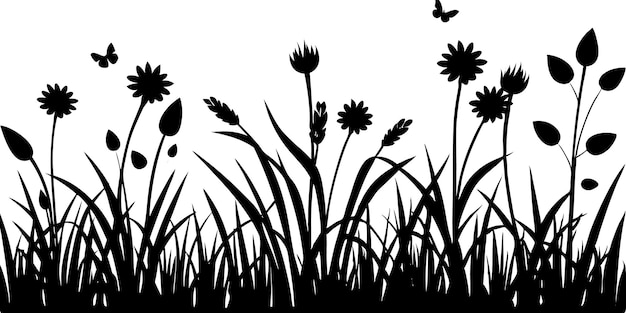 Vector beautiful handdrawn summer meadow silhouette with flowers bouquet and herbs